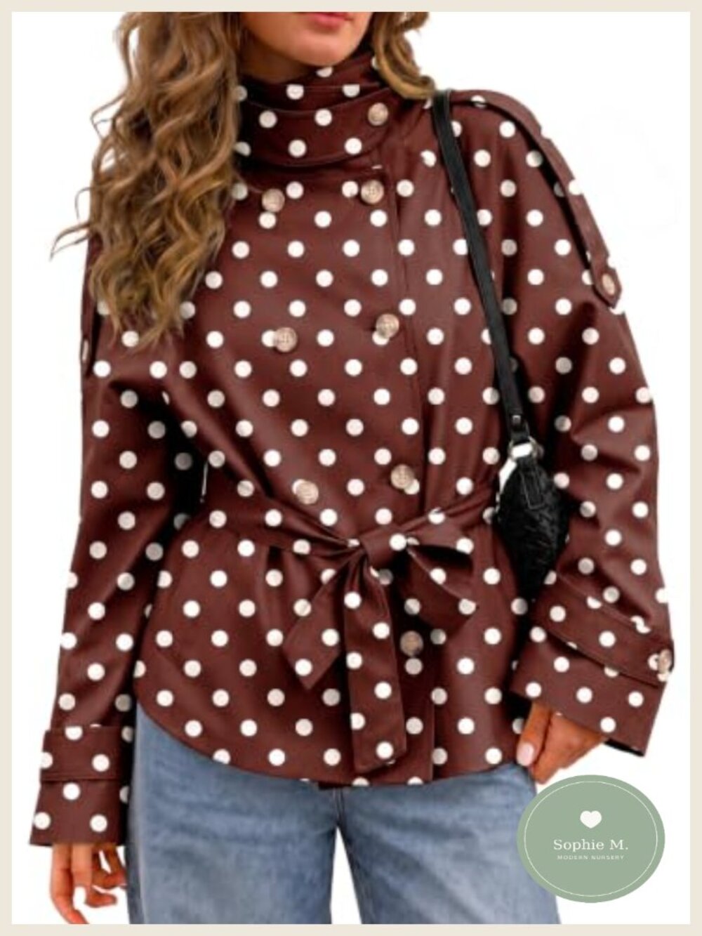 Women's Cropped Double Breasted Trench Coat Tie Waist with Polka Dots